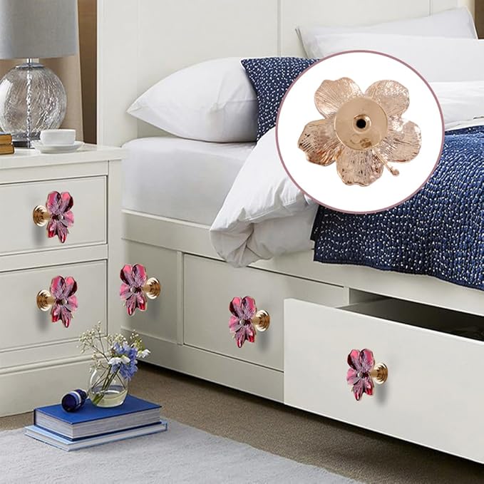 4 Pcs Petal Cabinet Knobs Creativity Flower Shaped Drawer with Metal Handles Screws for Dresser Handles Cabinet Wardrobe Door Handle Decorative Furniture (Red)