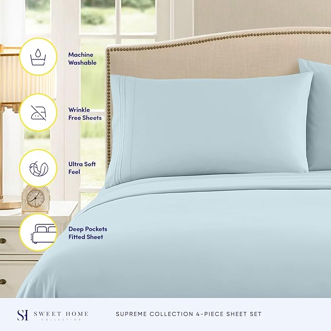 Split King Sheets - Breathable Luxury Sheets with Full Elastic & Secure Corner Straps Built In - 1800 Supreme Collection Extra Soft Deep Pocket Bedding Set, Sheet Set, Split King Size, Light Blue