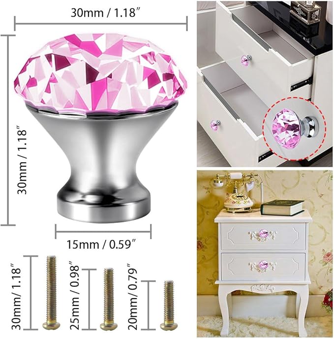 30mm Kitchen Cabinet Knobs Drawer Pull Handle Hardware, Crystal Clear Pink Glass Round Diamond Shape Dresser Closet Bi-fold Door Bathroom Cupboard Desk Nightstand Bookcase Furniture Drawer Knob, 12PCS