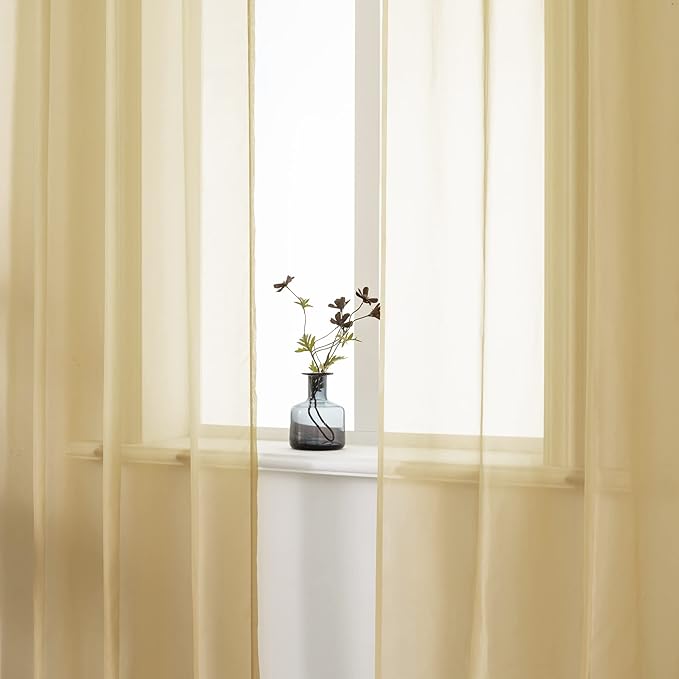 DUALIFE Tan Beige 45 Inch Short Sheer Curtains Grommet,Look Semi Sheer Windows Panels,Elegant Solid Color Touch Soft Drapes, 52X45 Inch for Living Room Bedroom,Set of 2 Panels Natural Taupe