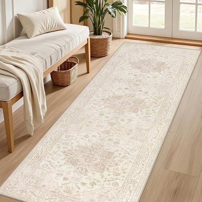 2'6''x8' Hallway Washable Runner Rug: Kitchen Carpet Beige White | Vintage Boho - Image 2
