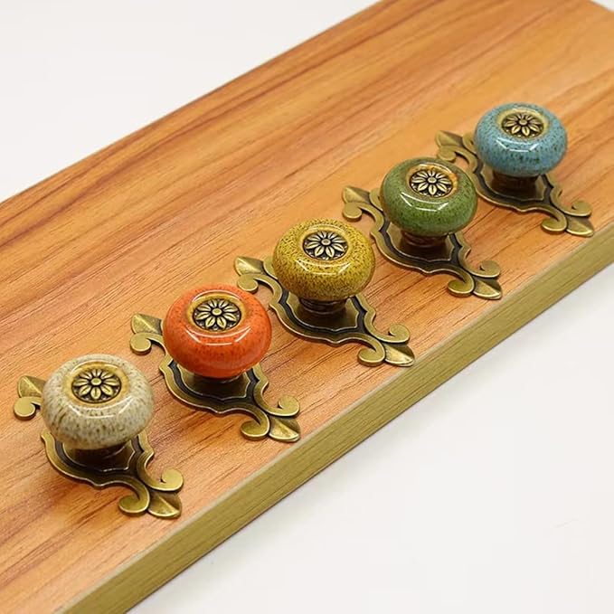 10 Pack Retro Ceramic Knobs,Vintage Dresser Kitchen Petal Cabinet Pulls Rustic Zinc Alloy Base Back Plate Kid Cupboard Wardrobe Drawer Door Handles (Leopard Print Yellow)