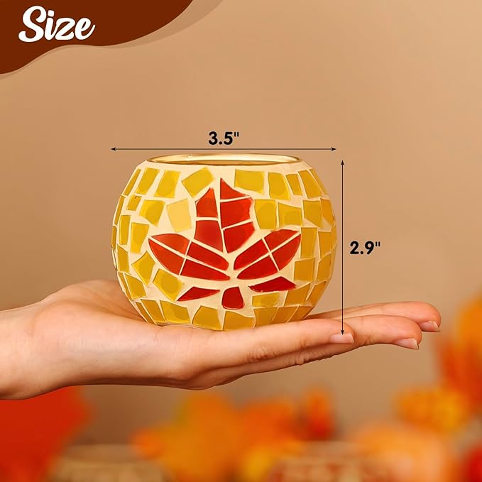Nefelibata Fall Candle Holder Set of 3 Mosaic Maple Leave Sunflower Tealight Holder Pumpkin Glass Thanksgiving Votive Candle Holder Thanksgiving Party Dinner Table Centerpieces (No Candle Included)