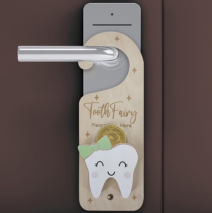 Tooth Fairy Door Hanger, Wooden Tooth Fairy Money Holder with Tooth Coins for Lost Tooth Kids Gifts (Green)