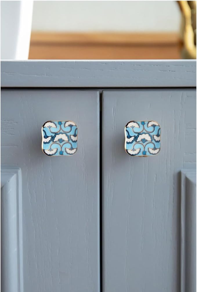 Perilla Home Set of 6 Ceramic Knobs Decorative Round Knobs for Home Kitchen Cabinet Hardware Cupboard Glass Door Dresser Wardrobe and Drawer Pulls (Small, Cadia Blue)