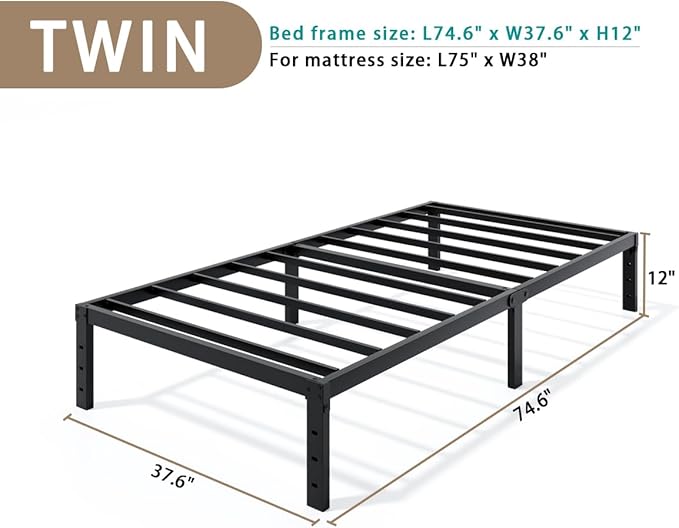 Metal Bed Frame Twin Size - 12 Inch Heavy-Duty Twin Platform Bed Frame No Box Spring Needed, Easy Assembly, Noise-Free, Sturdy Mattress Foundation, Underbed Storage Space