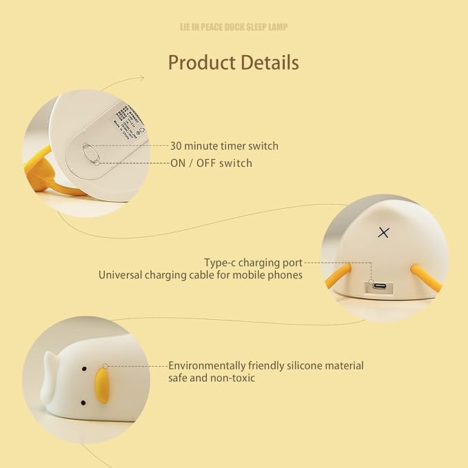 MUID Benson Lying Flat Duck Night Light, LED Squishy Duck Lamp, Cute Light Up Duck, Silicone Dimmable Nursery Nightlight, Rechargeable Bedside Touch Lamp for Breastfeeding, Finn The Duck.