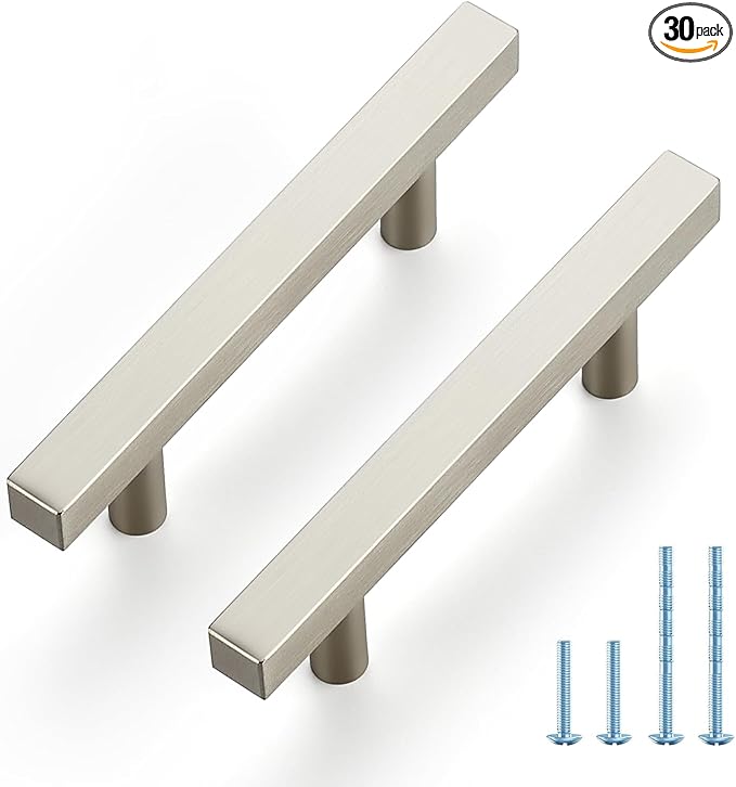 JOY DECOR 30 Pack 3 Inch Brushed Nickel Square Cabinet Handles Stainless Steel Cabinet Hardware Pulls for Kitchen and Drawers with 5 Inch Overall Length