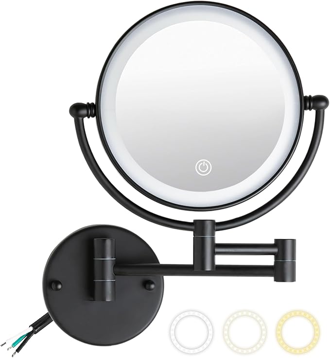 8" Wall Mounted Lighted Makeup Vanity Mirror with 3 Color Lights Stepless Dimming, 1X/10X Magnifying LED 2-Sided Bathroom Touch Sensor Extendable Arm 360 Swivel Shaving Mirror Hardwired, Matte Black