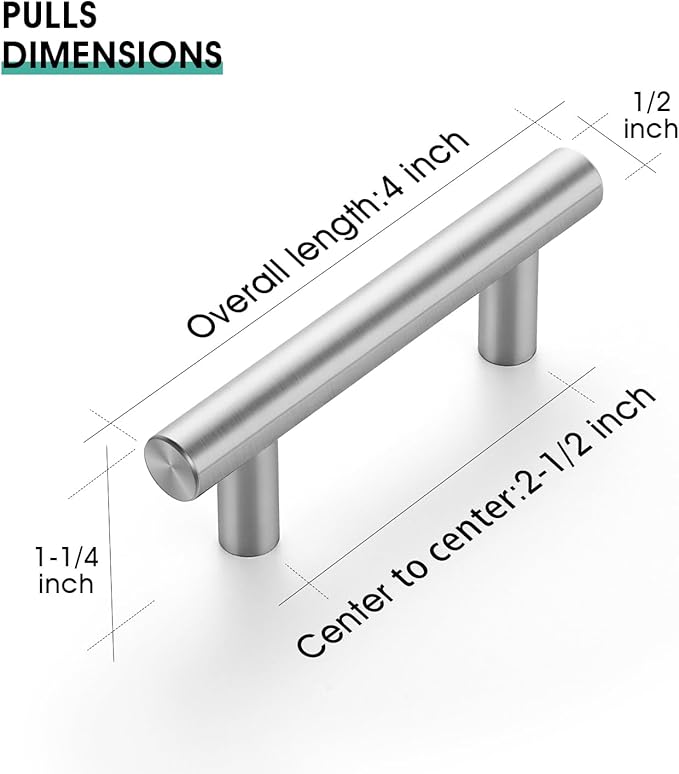 JOY DECOR 30 Pack 2-1/2 Inch Hole Centers Brushed Nickel Kitchen Cabinet Handles, 4 Inch Overall Length Stainless Steel Drawer Pulls for Cupboard, 64mm Hole Centers