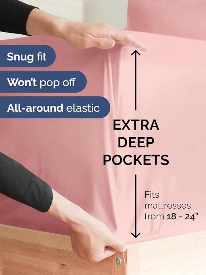 Extra Deep Split King Sheet Set - 7 Piece Breathable and Cooling Sheets - Hotel Luxury Bed Sheets Set - Easy Fit - Soft, Wrinkle Free and Comfy Sheets Set - Baby Pink Sheet Set with Extra Deep Pockets