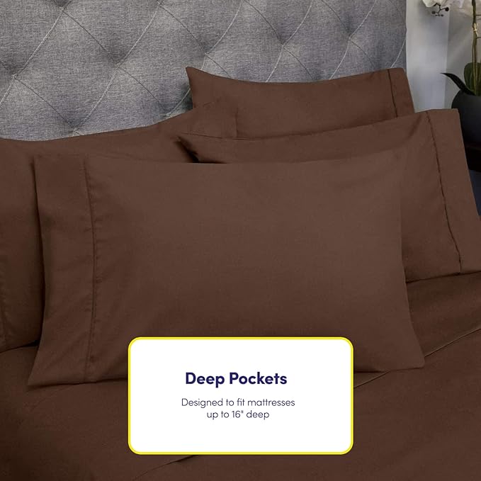 Sweet Home Collection 6 Piece 1500 Supreme Collection Brushed Microfiber Deep Pocket Sheet Set-2 Extra Pillow Cases, Great Value, Rv Short Queen, Brown