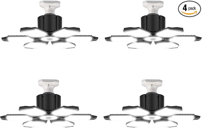 LED Garage Light Bulbs, 100W 6000K Garage Lights Ceiling Led with 6 Adjustable Panels, E26/E27 Screw in Shop Light for Attic Workshop Basement Barn - 4 Pack