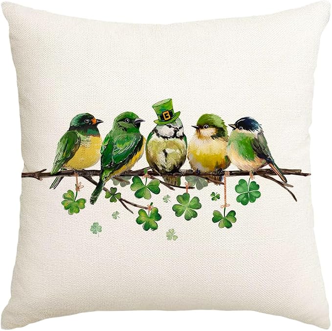 RABUSOFA St.Patricks Day Pillow Covers 18x18 Inch, Birds Shamrock Decorations by RABUSOFA