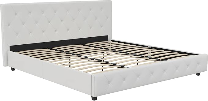 DHP Dakota Upholstered Platform Bed with Diamond Button Tufted Headboard and Footboard, No Box Spring Needed, King, White Faux Leather