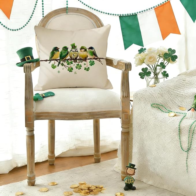 RABUSOFA St.Patricks Day Pillow Covers 18x18 Inch, Birds Shamrock Decorations - Image 4