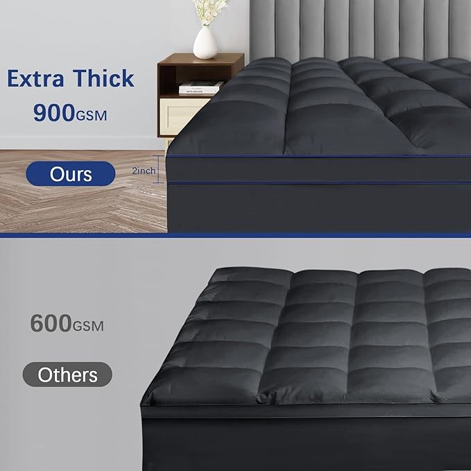 CYMULA Short Queen Mattress Pad, Cooling Bed Topper, Thick Pillow Top, Grey Plush Down Alternative Fill