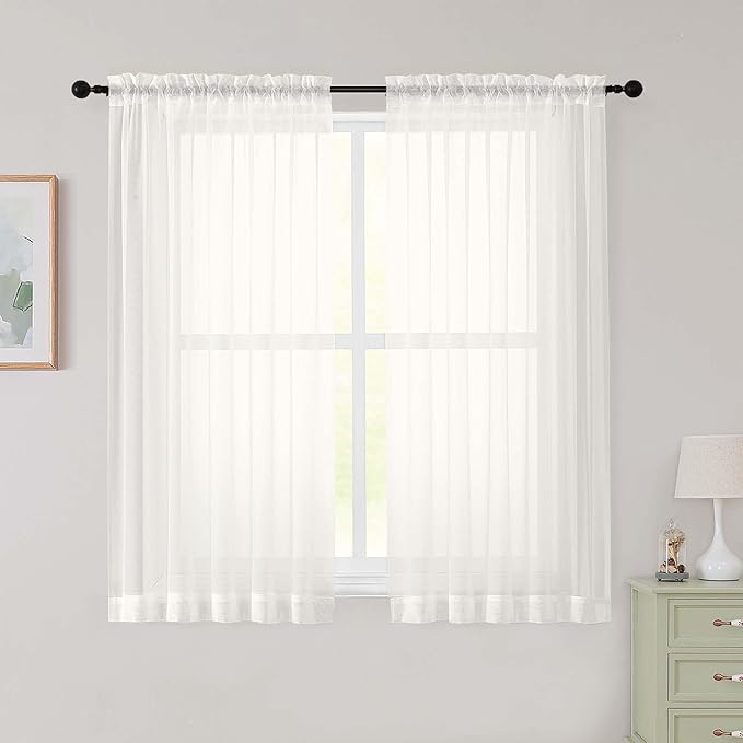 Sheer Ivory Curtains for Bedroom Living Room 54 Inch Length 2 Panels Set by WelvetBLK