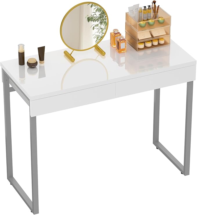 GreenForest Vanity Desk with 2 Drawers,Glossy Desktop White Desk for Bedroom,Makeup Table with Storage Space,Small Desk for Home Office,39 inch No Mirror