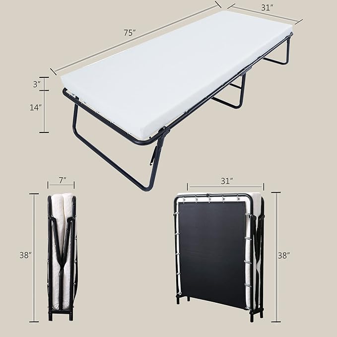LEISUIT Foldaway Guest Bed Cot - Portable Folding Bed Frame with Thick Memory Foam Mattress for Spare Bedroom & Office