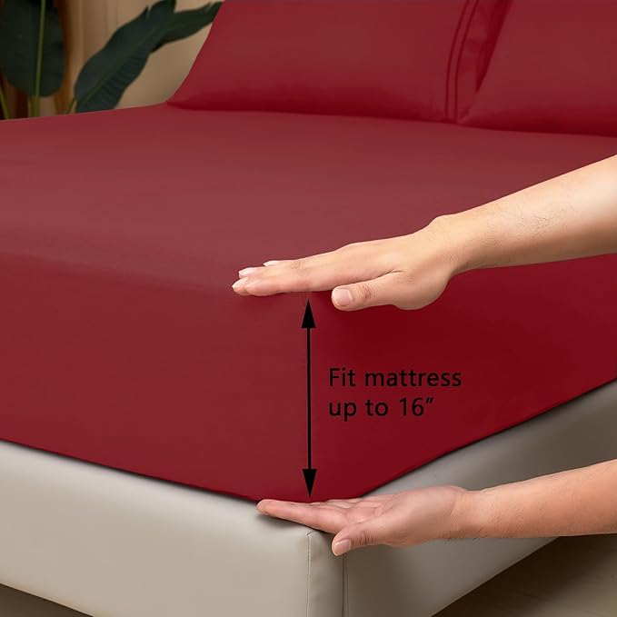 Mejoroom Full Size Sheets - 1800TC Luxury Full Sheets with 16 Inch Deep Pocket - Premium Bedding Collection - Extra Soft, Breathable, Wrinkle, Fade & Stain Resistant - 4 Piece (Full, Burgundy)