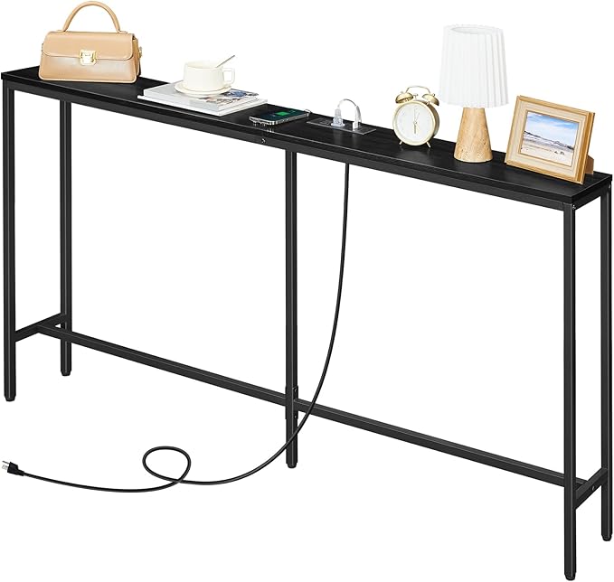 70.9'' Console Table with Power Outlet, Narrow Sofa Table, Industrial Entryway Table with USB Ports, Behind Couch for Entryway, Hallway, Foyer, Living Room, Black CTHB18E01