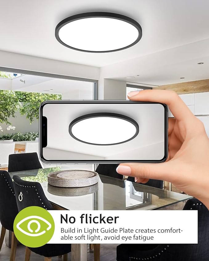 hepside 1PACK Flush Mount LED Ceiling Light Fixture Black, 12Inch 28W, Dimmable 3000K-4500K-6000K 3 Color Selectable Ceiling Lamp 3200LM Low Profile Ceiling Light for Kitchen Bedroom Hallway