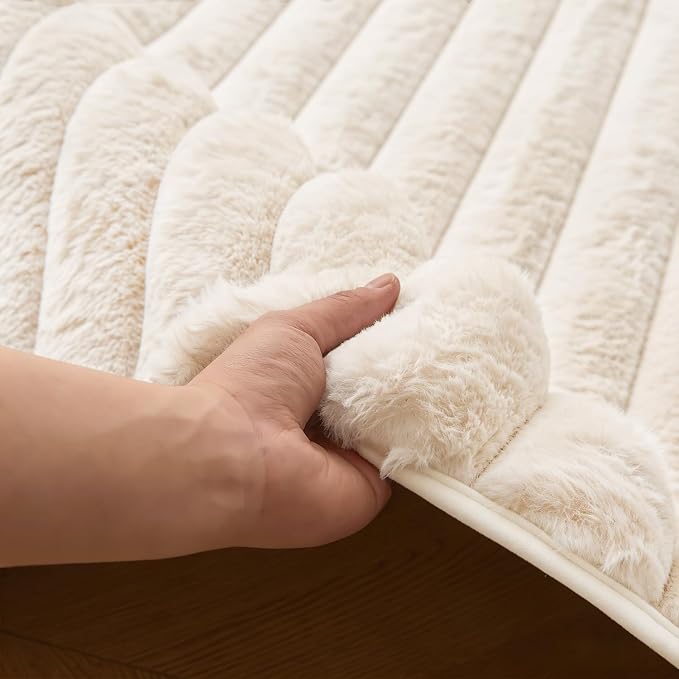 Creamy White Rabbit Striped Plush Rug 6'x9', Fluffy Faux Fur Shaggy Area Rug - Image 8
