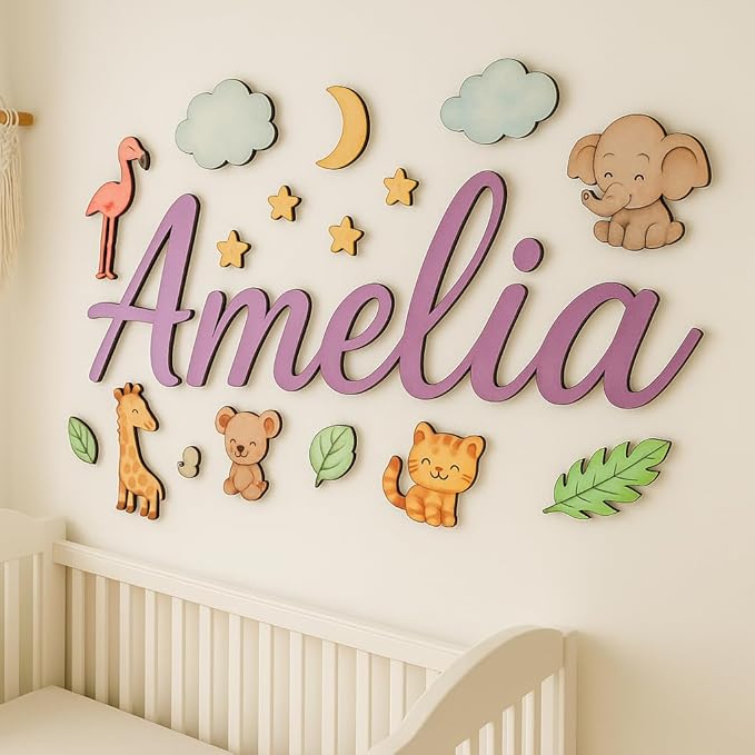 Custom Nursery Name Sign with Themed Decor Kit | Personalized Wooden Wall Art for Baby, Kids Room | Space, Jungle, Circus, Under The Sea, Woodland, Rainbow (20", Jungle/Safari)