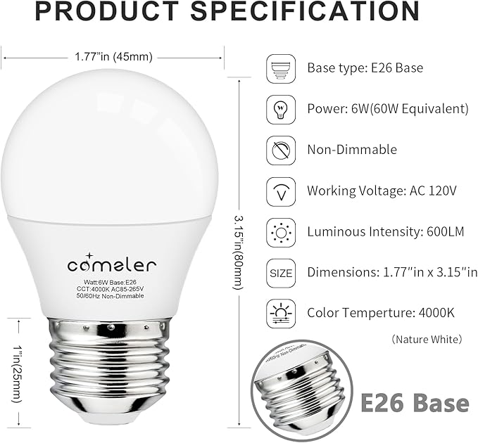comzler LED Refrigerator Light Bulb, E26 LED Bulbs 60 Watt Equivalent, A15 Appliance Small Bulbs E26 Base with 4000K Natural White, Ceiling Fan Bulb, 600LM Indoor Outdoor Light, Non-Dimmable, 6 Pack