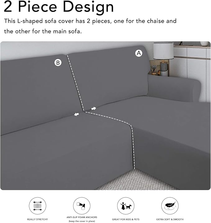 PureFit Stretch Sectional Couch Covers 2 pcs Non Slip L Shape Sofa Cover | - Image 5