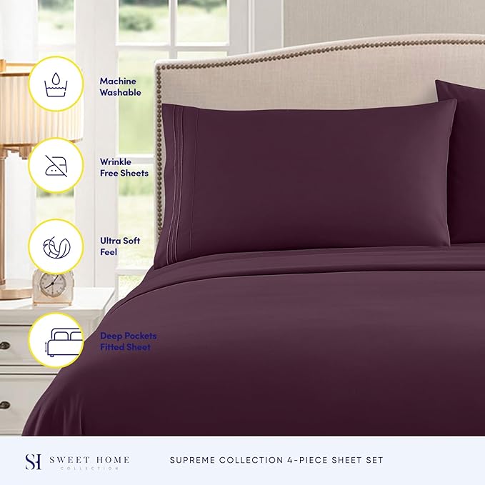 Queen Size Bed Sheets - Breathable Luxury Sheets with Full Elastic & Secure Corner Straps Built In - 1800 Supreme Collection Extra Soft Deep Pocket Bedding Set, Sheet Set, Queen, Purple