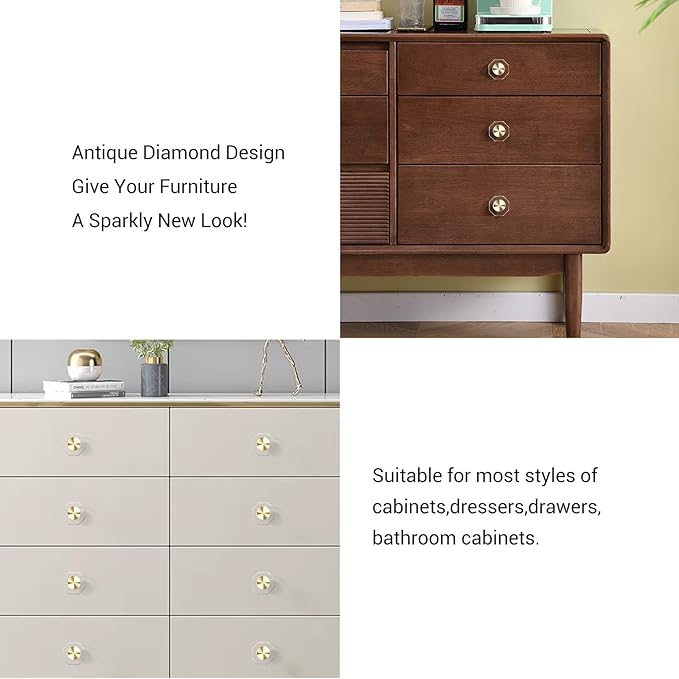 12-Pack 1-1/4-Inch Gold knob Dresser knobs White Cabinet Glass Crystal knobs Brass Drawer Polygonal Dresser Pulls, Drawer pulls