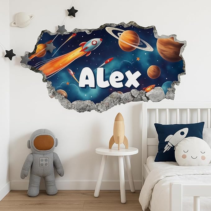 Personalized Space 3D Wall Hole Decal for Kids Room – Custom Name Rocket Galaxy Planet Wall Sticker for Boys Bedroom – Outer Space Themed Wall Art for Nursery Playroom – Removable Vinyl Decor