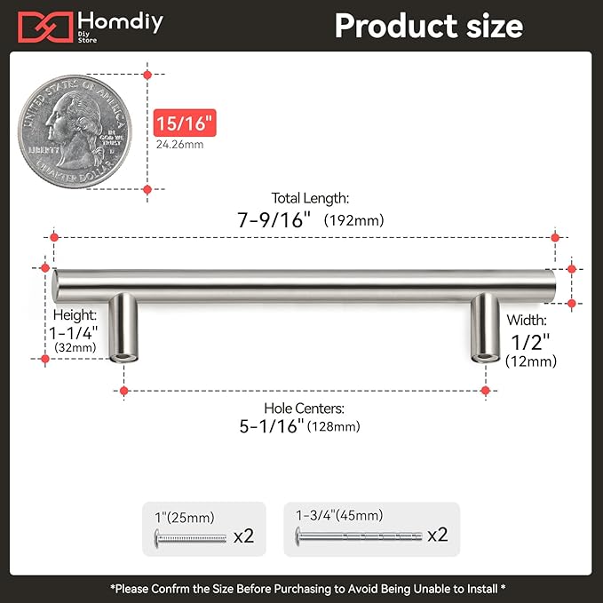 homdiy 128mm Cabinet Handles Brushed Nickel Cabinet Pulls 201BSS Drawer Handles Square Drawer Pulls for Kitchen Cupboard Door, Bedroom Dresser Drawer Bathroom Wardrobe Hardware 1 Pack