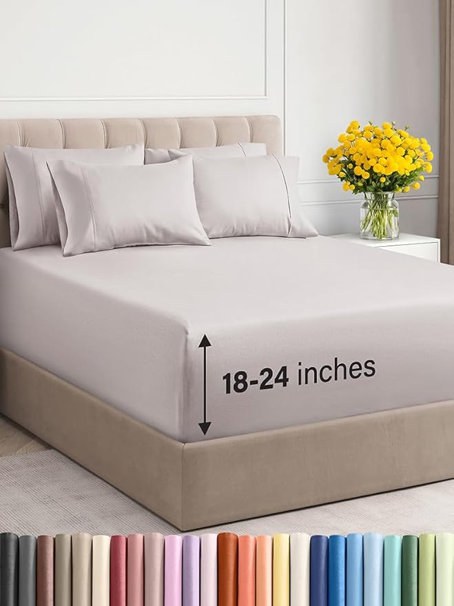 Extra Deep Full Sheet Set - 6 Piece Breathable & Cooling Sheets - Hotel Luxury Bed Sheets Set - Easy & Secure Fit - Soft, Wrinkle Free & Comfy Sheets Set - Light Grey Sheet Set with Extra Deep Pockets
