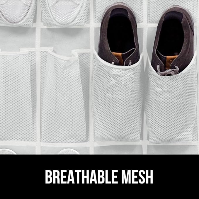 GORILLA GRIP Over the Door Shoe Organizer, 12 Large Breathable Mesh Pockets, Space Saving Hanging Storage Holder, 2 Hook Closet Rack Hanger, Hangs on Closets for Shoes, Accessories, 64H x 9.5W White