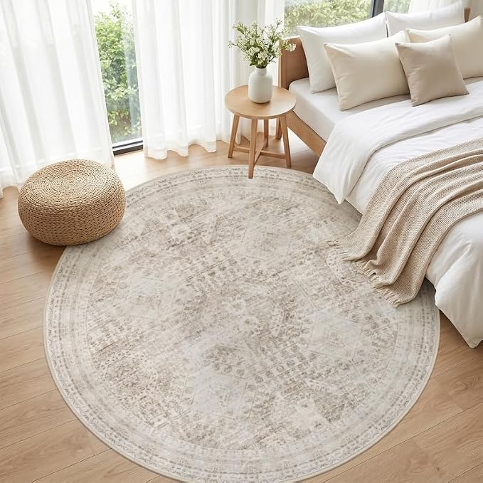 Round Area Rug Living Room: 6ft Neutral Washable Carpet Rug Brown | Vintage - Image 4