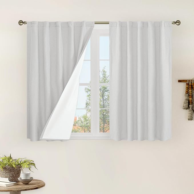 40 Inch Length 100% Blackout Short Linen Kitchen Curtains 2 Panels | Light Grey by LAMIT