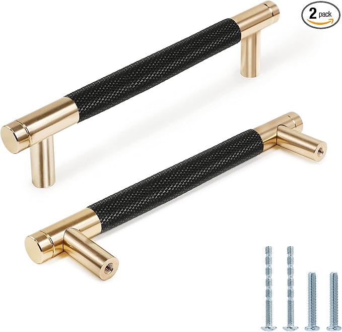 Knurled Cabinet Pulls 2 Pack, 6 Inch Long Cabinet Handles Metal Door Pulls, Kitchen Drawer Pull Knurled Dresser Handles - 5" Hole to Hole, Black & Gold