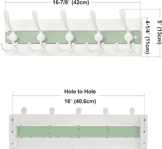 SKOLOO Coastal Wall Mounted Coat Rack - 17" Beach House Entryway Wooden Coat Hook with 5 Hooks for Hanging Coats, Hats or Towels, Oceanfront Cottage Core Collection, White & Green, Pack of 2