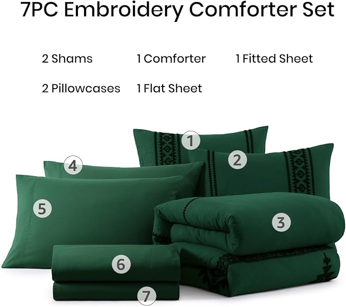MaiRêve Embroidery King Size Comforter Set Emerald Green, Boho Farmhouse Western Bedding Set 7 Pieces, All Season Bed in A Bag Comforter Set with Sheets, Pillowcases & Shams
