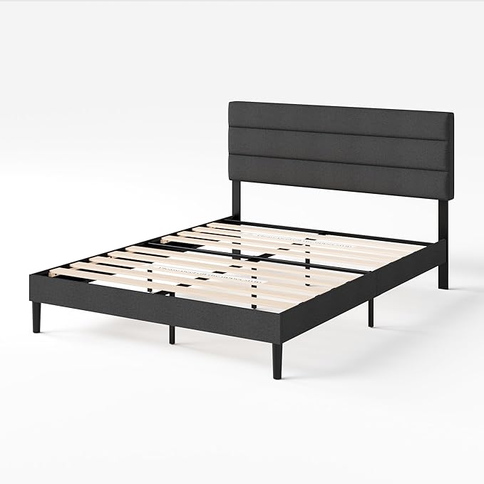 ZINUS Full Piper Upholstered Platform Bed with Horizontal Paneled Headboard, Wooden Slat Support, No Box Spring Needed, Easy Assembly, Eco Friendly Packaging, Dark Grey