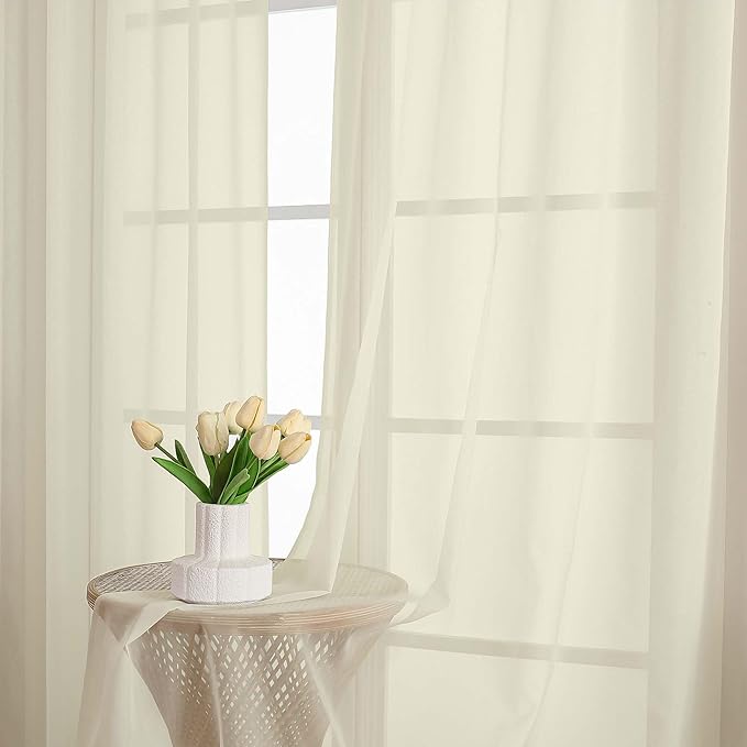 Cream Sheer Curtain 90 Inches Long 2 Panels Set, Solid Filmy Drapes - Image 6