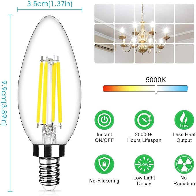 24-Pack Dimmable E12 LED Candelabra Bulbs 40Watt Equivalent, 5000K Daylight White, 450Lumens, 4W B11 Vintage Chandelier Light Bulbs, LED Filament Clear Glass Candle Lamp for Ceiling Fan Home Decor