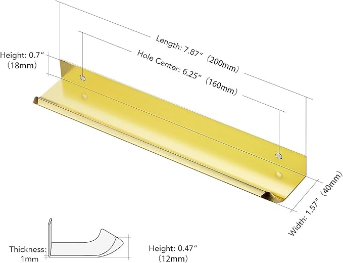 Ravinte Hardware 8 Pack Gold Cabinet Handles, 7.8 Inch (200mm) Finger Edge Pulls, 6-1/4 Inch Hole Center, Finger Pulls for Cabinets