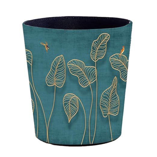 10L/2.64 Gallon Trash Can, Decorative Waste Basket, PU Leather Waste Paper Basket, Waterproof Garbage Can for Bathroom, Bedroom, Office, Kitchen and Living Room - Golden Leaves