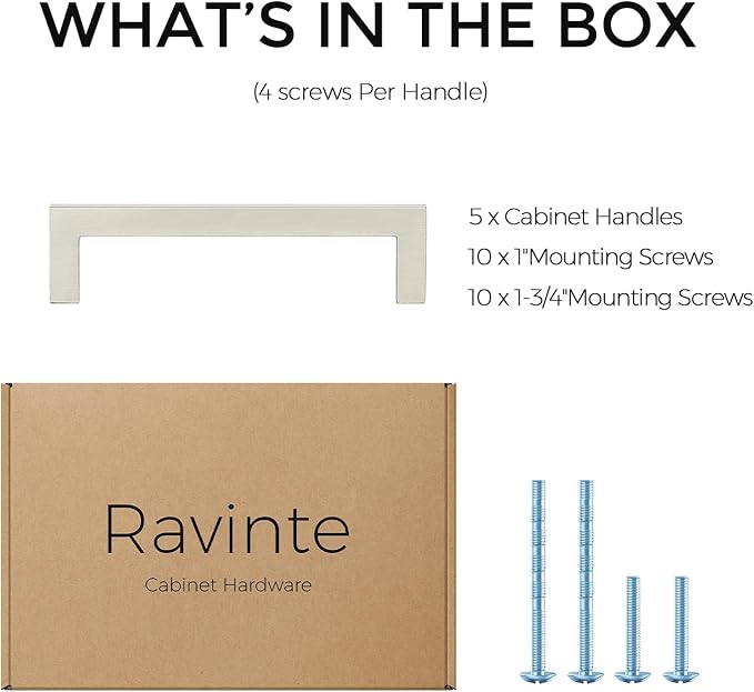 Ravinte 5 Pack Solid 4 Inch Center to Center Slim Square Bar Drawer Handles - Kitchen Cabinet Hardware Brushed Nickel Pulls - Handles for Cabinets and Drawers