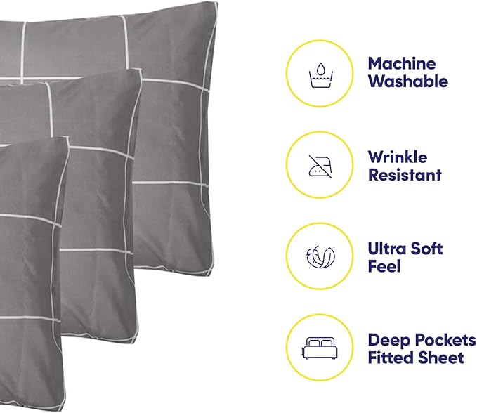 Queen Sheets Window Pane Gray - 6 Piece 1500 Supreme Collection Fine Brushed Microfiber Deep Pocket Queen Sheet Set Bedding - 2 Extra Pillow Cases, Great Value, Queen, Window Pane Gray