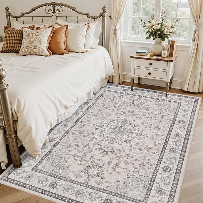 5x7 Area Rugs Living Room: Bedroom Washable Carpet Beige & Grey | Large Vintage - Image 2